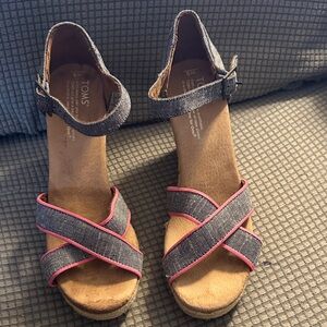 TOMS Denim-Look Wedge Sandals with Pink Trim